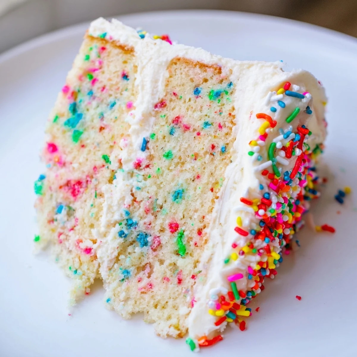 Big batch confetti cake with buttercream frosting showing vibrant speckles inside tender yellow crumb