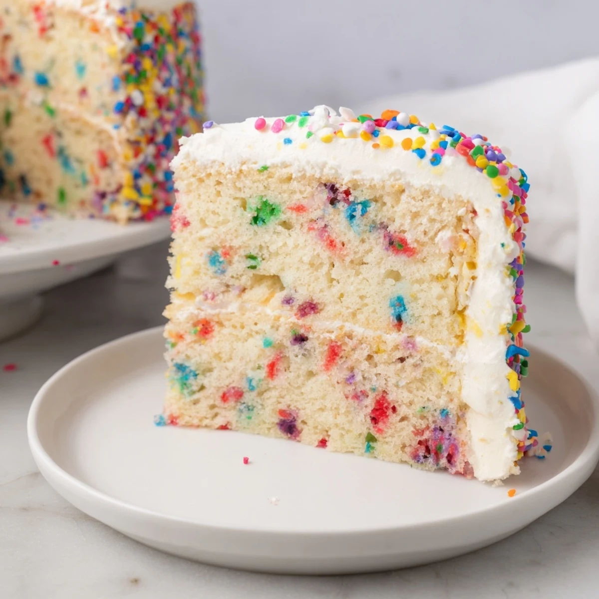 Generously frosted confetti cake slice revealing rainbow sprinkles baked throughout the moist vanilla layers