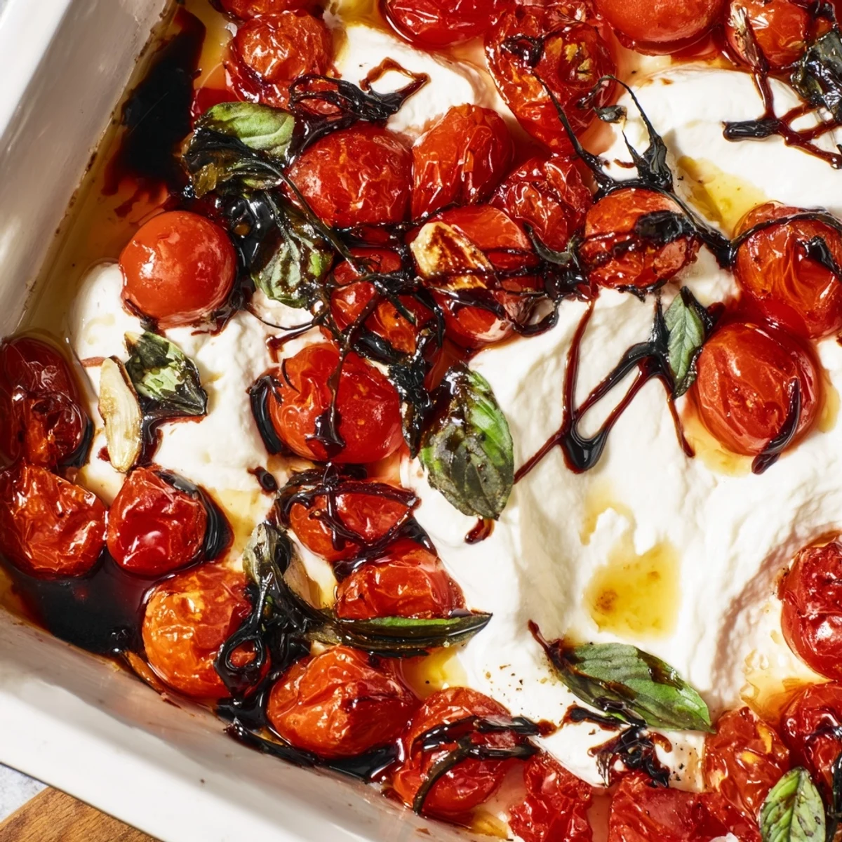 Warm Italian appetizer featuring sweet roasted tomatoes nestled alongside creamy burrata cheese
