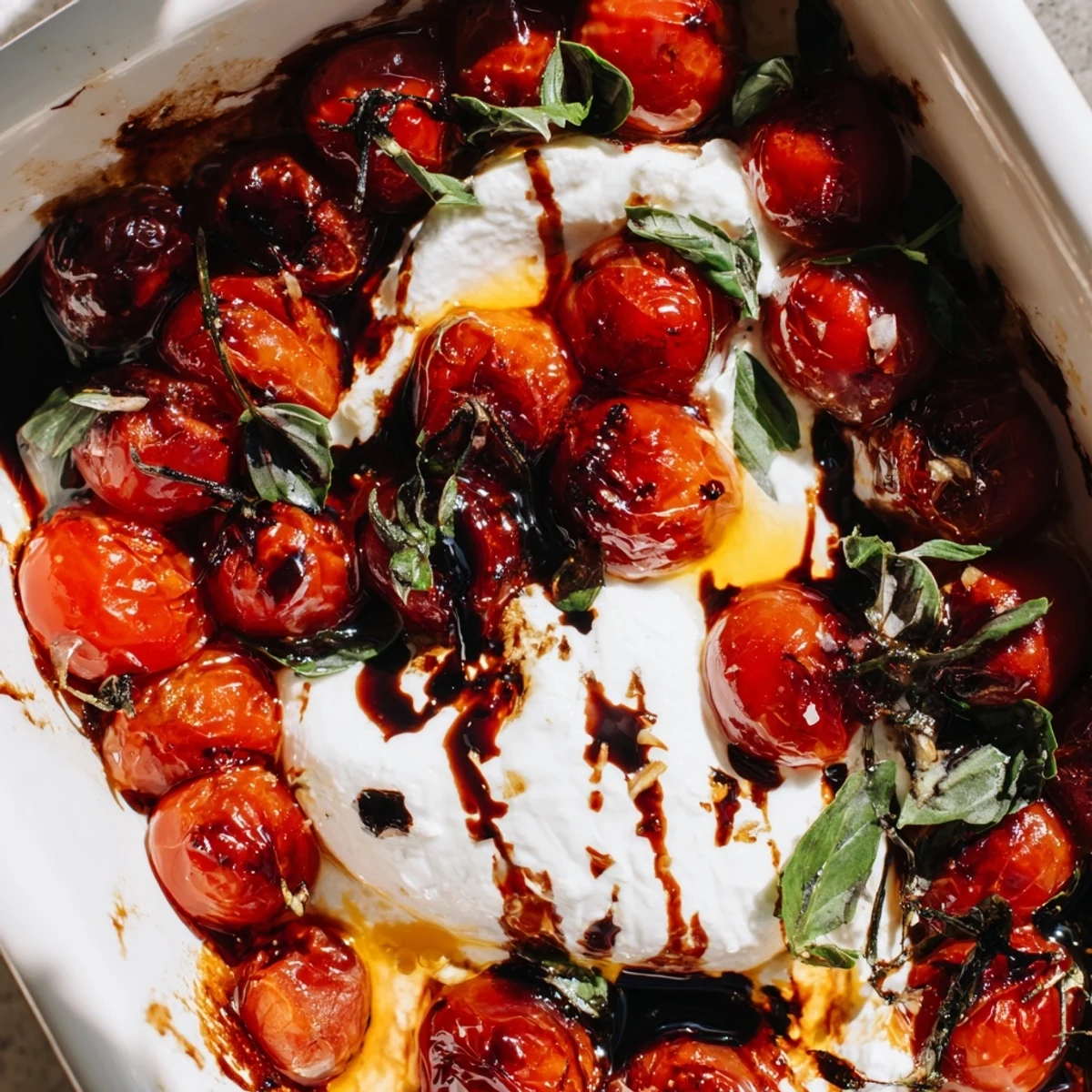 Golden brown roasted tomato burrata dip topped with fresh basil and balsamic glaze