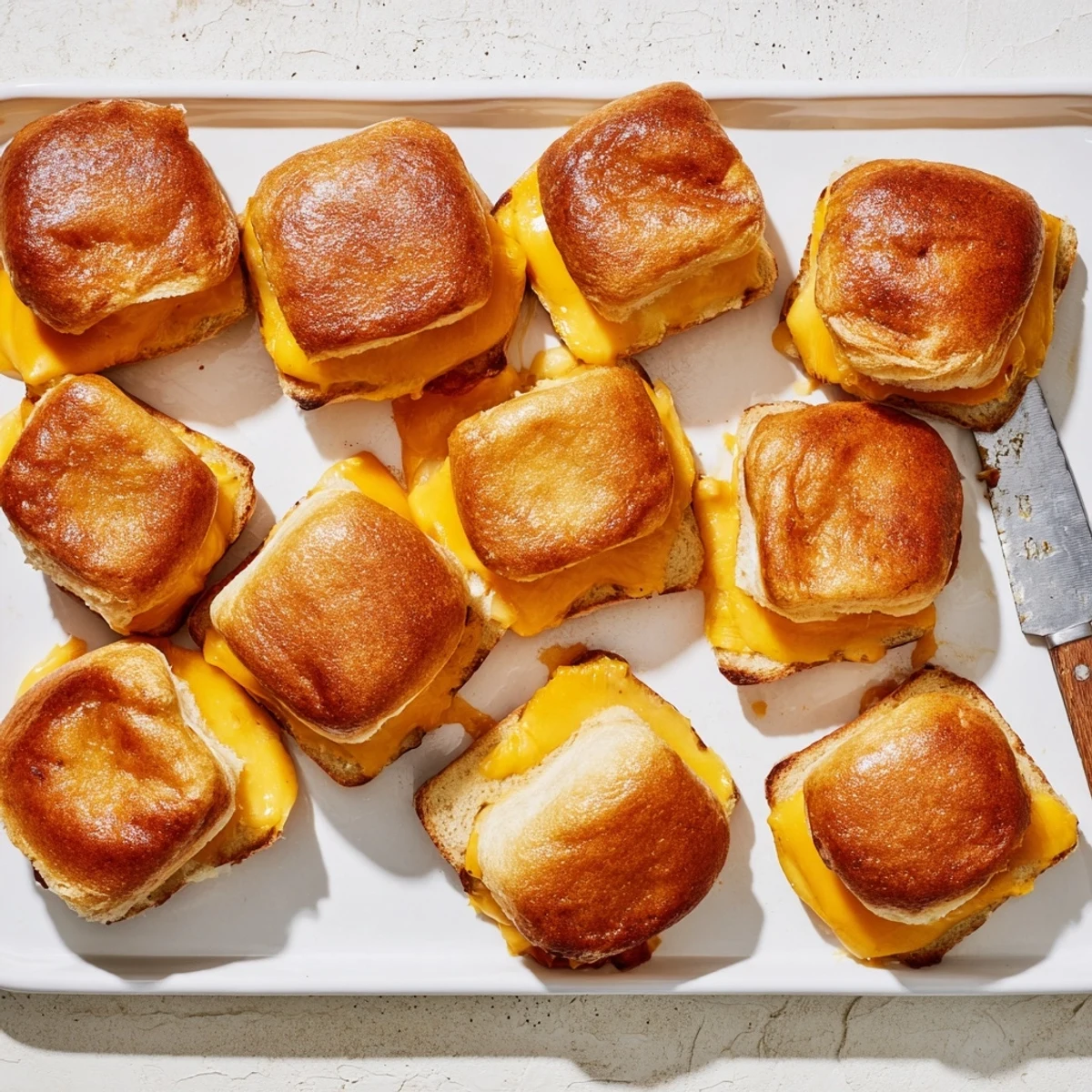 Golden brown mini grilled cheese Hawaiian rolls with melted cheddar on a baking sheet