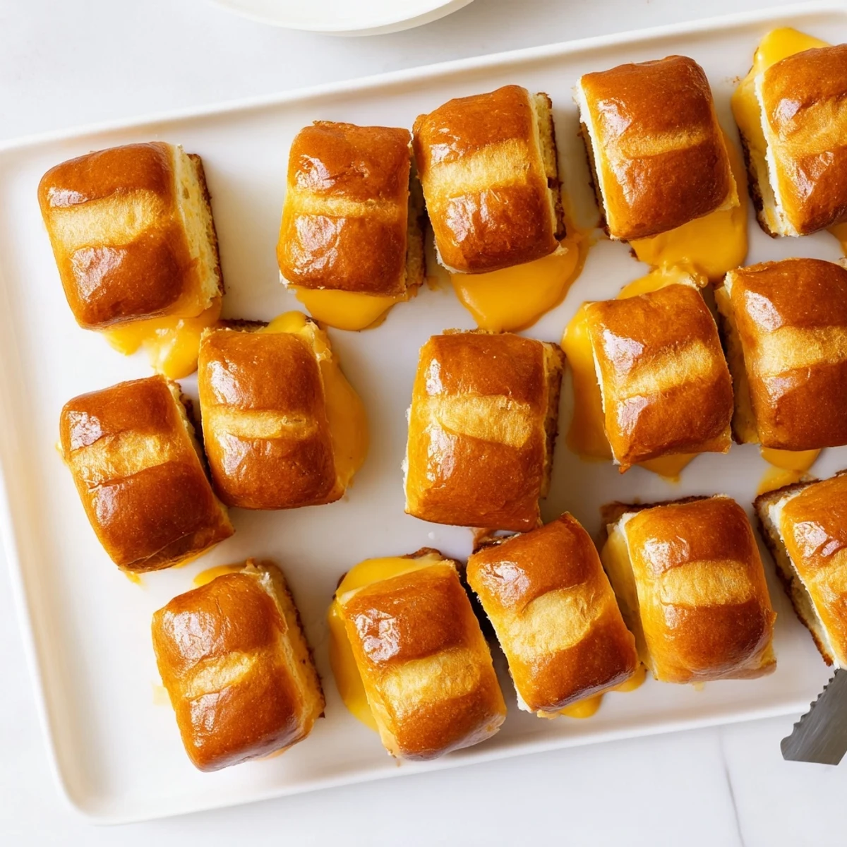 Pan of bite-sized Hawaiian roll grilled cheese sandwiches with golden crusts and melted cheddar