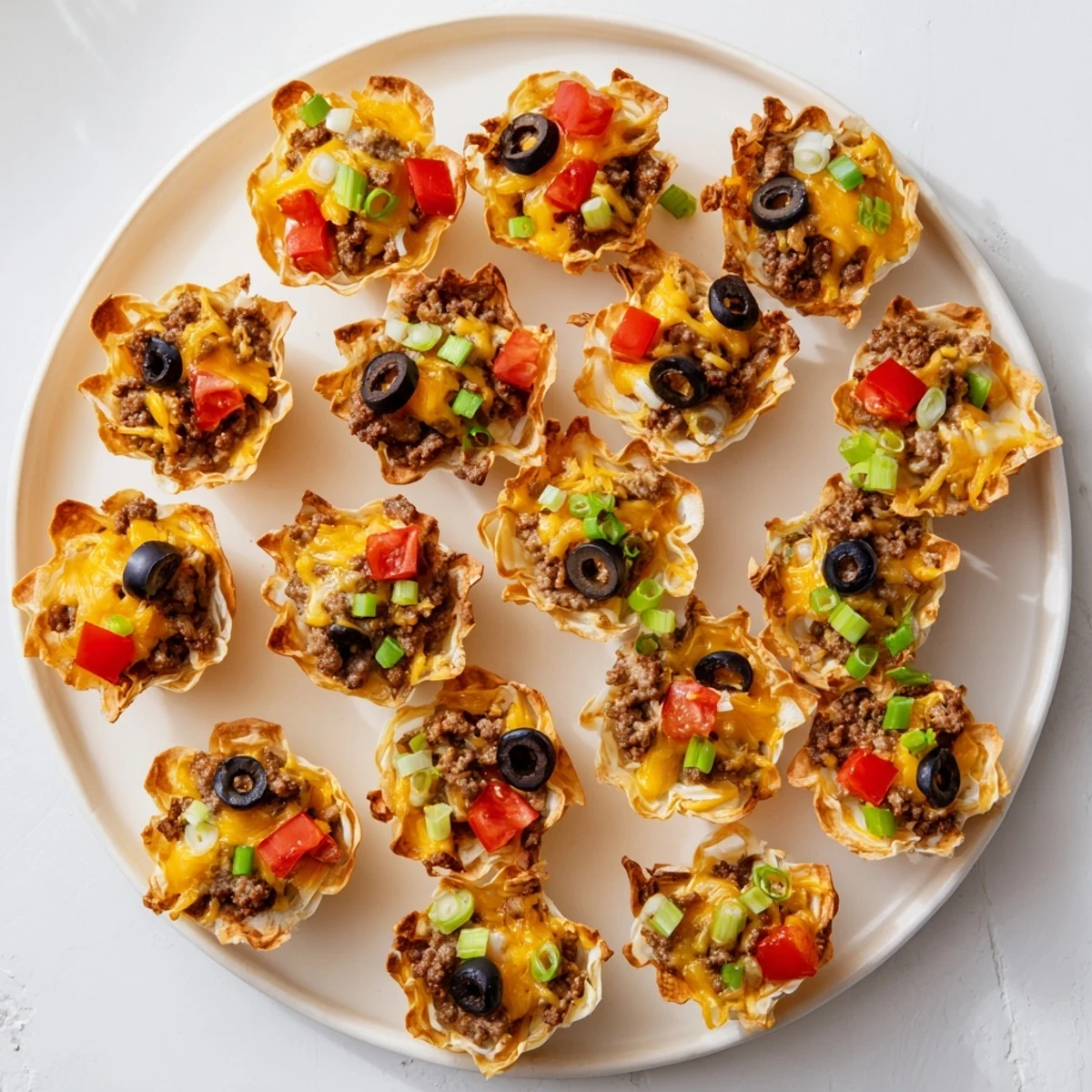 Crispy phyllo cups stuffed with spiced ground beef and creamy ranch cheese topping