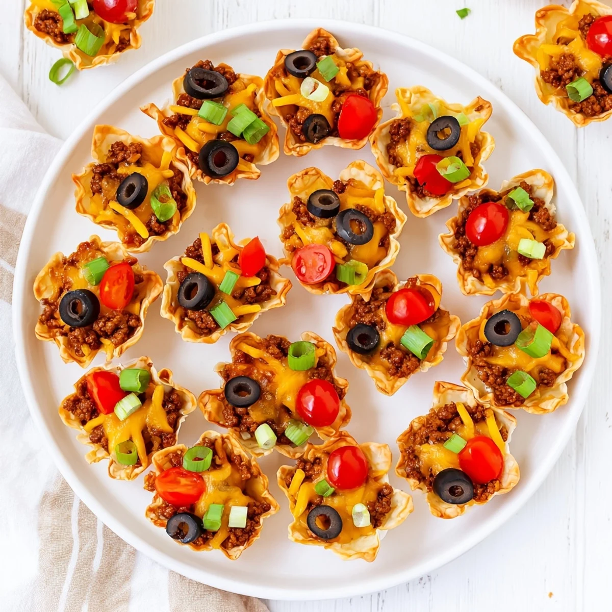 Golden Taco Ranch Bites filled with seasoned beef melted cheddar and fresh green onion garnish