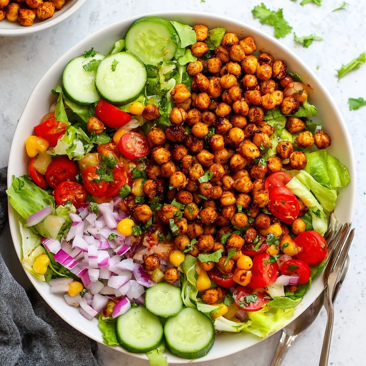 Golden crispy roasted chickpeas atop a fresh salad with vibrant vegetables and tangy lime dressing