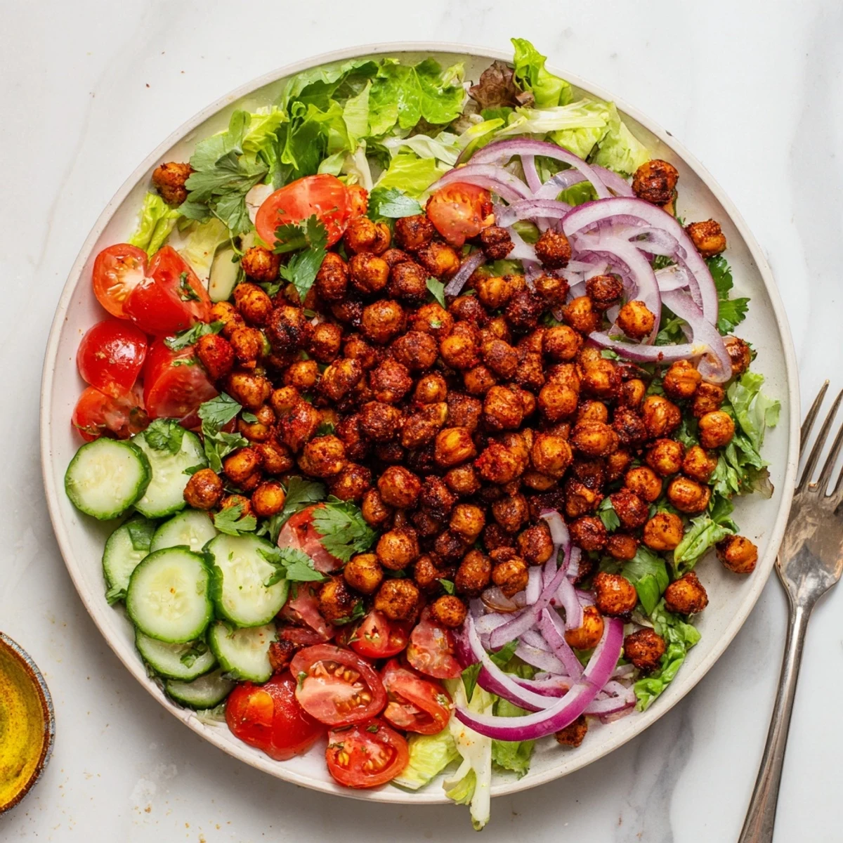 Zesty chili lime chickpea salad featuring crunchy seasoned legumes over mixed greens and colorful veggies