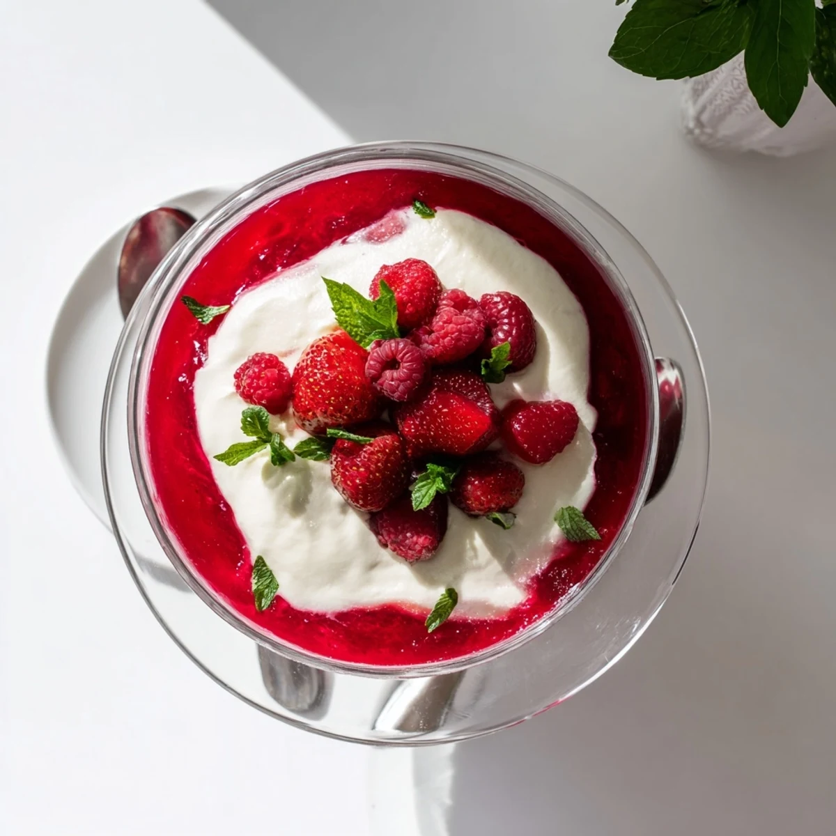 Layered vanilla mousse berry jello dessert with fresh mint and strawberries