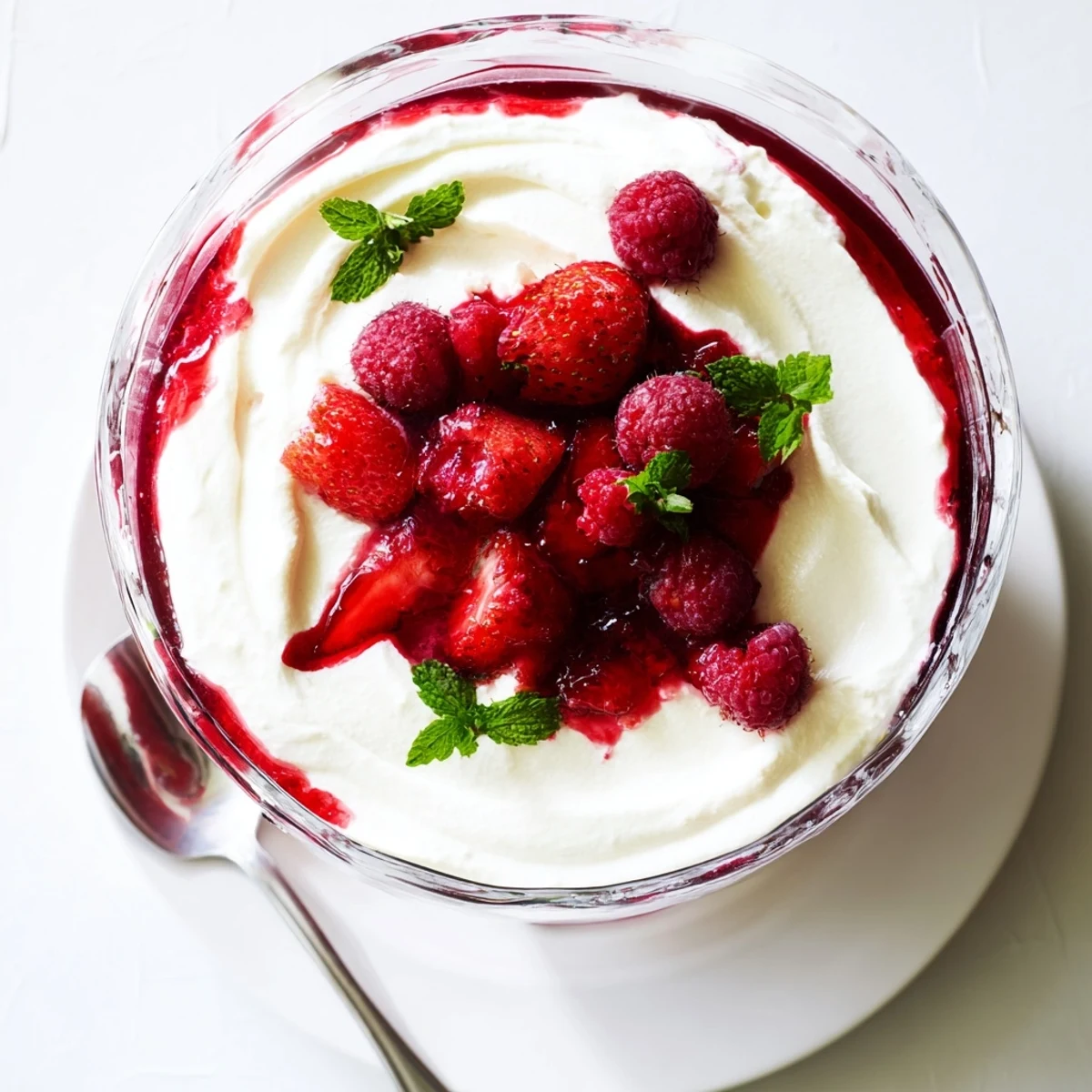 Elegant vanilla mousse berry jello parfait topped with colorful mixed berries