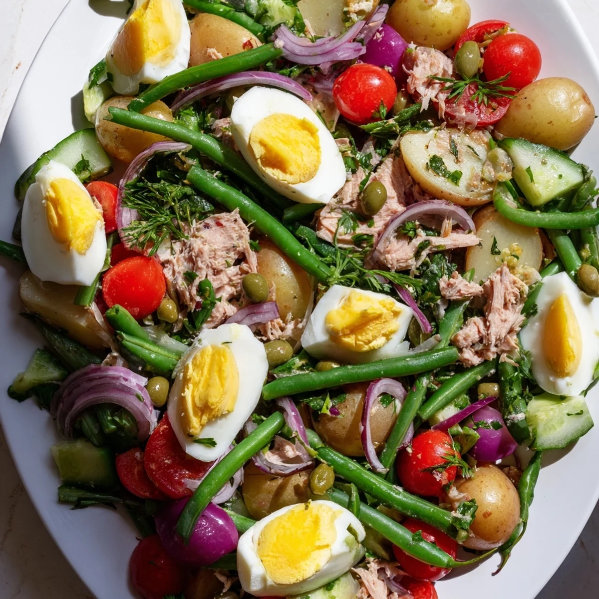 Colorful Classic Niçoise Salad plate featuring tender potatoes, green beans, cherry tomatoes, olives, and flaky tuna in olive oil