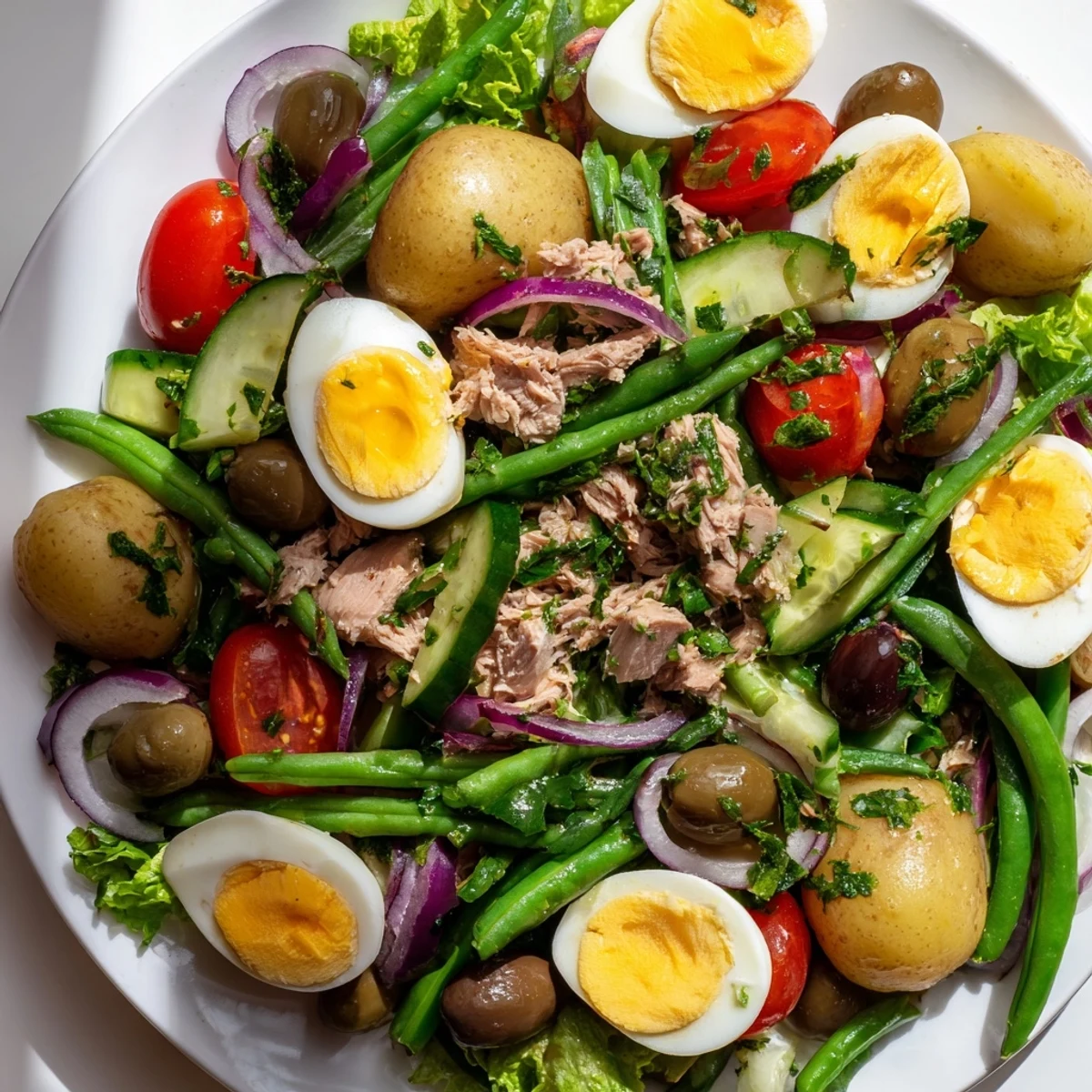 French Classic Niçoise Salad showcasing crisp vegetables, hard-boiled eggs, briny olives, and tuna on fresh lettuce with parsley garnish