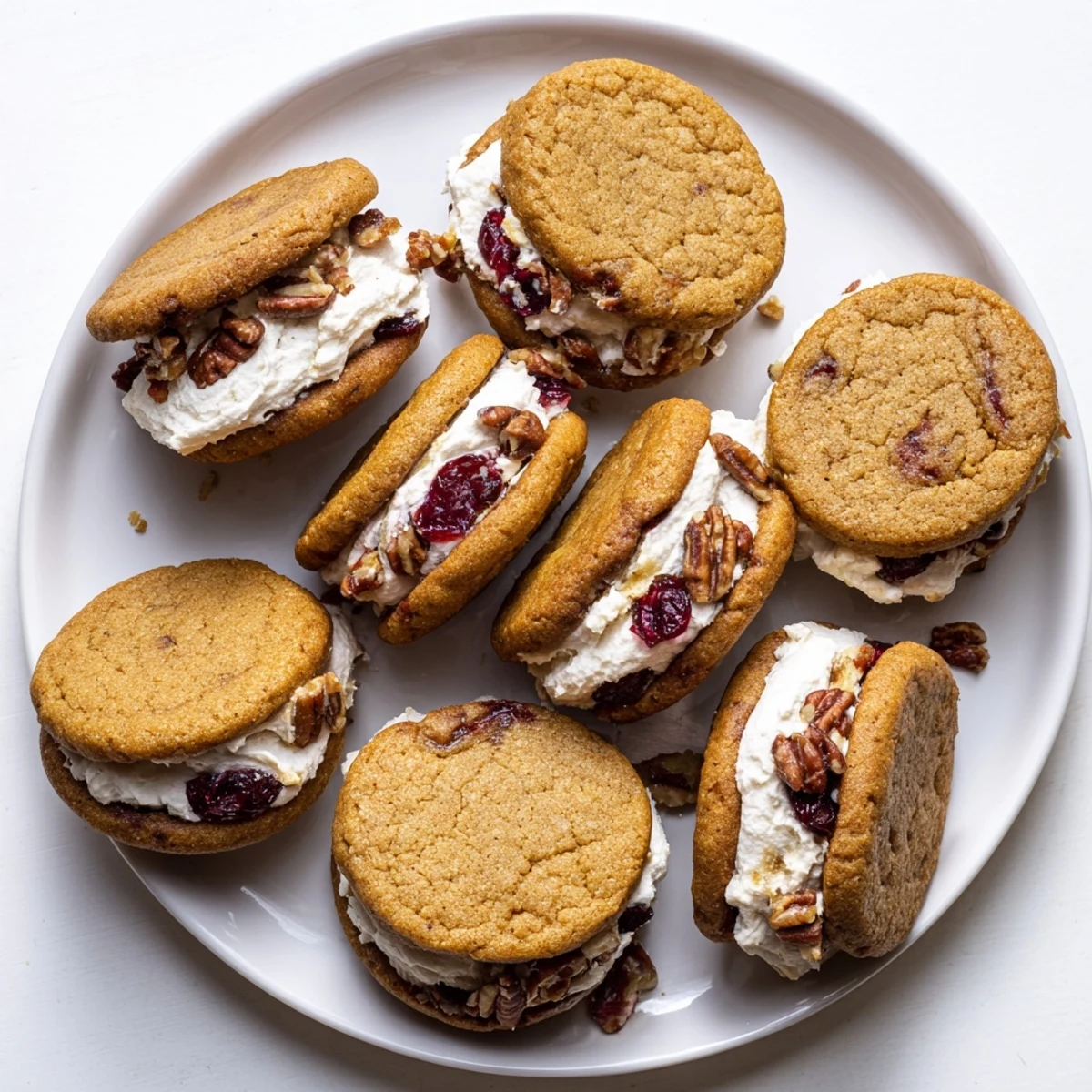 Two homemade cranberry pecan sandwich cookies revealing fluffy cream cheese center between layers