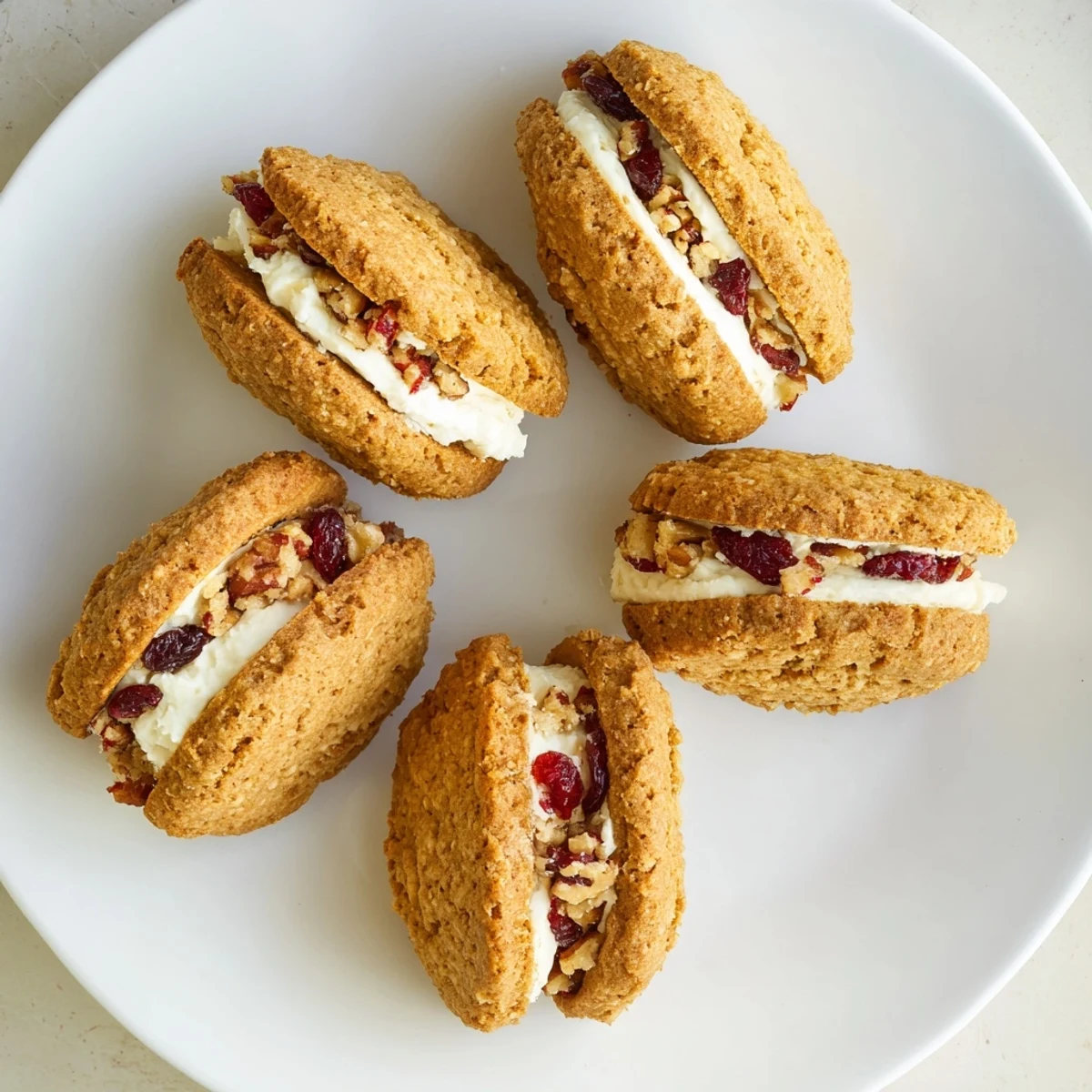 Cranberry pecan sandwich cookies with tart berries and nuts in buttery cream cheese filling