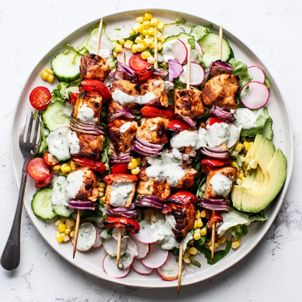 Golden grilled BBQ chicken skewers atop crisp mixed greens with colorful vegetables drizzled with creamy herby ranch