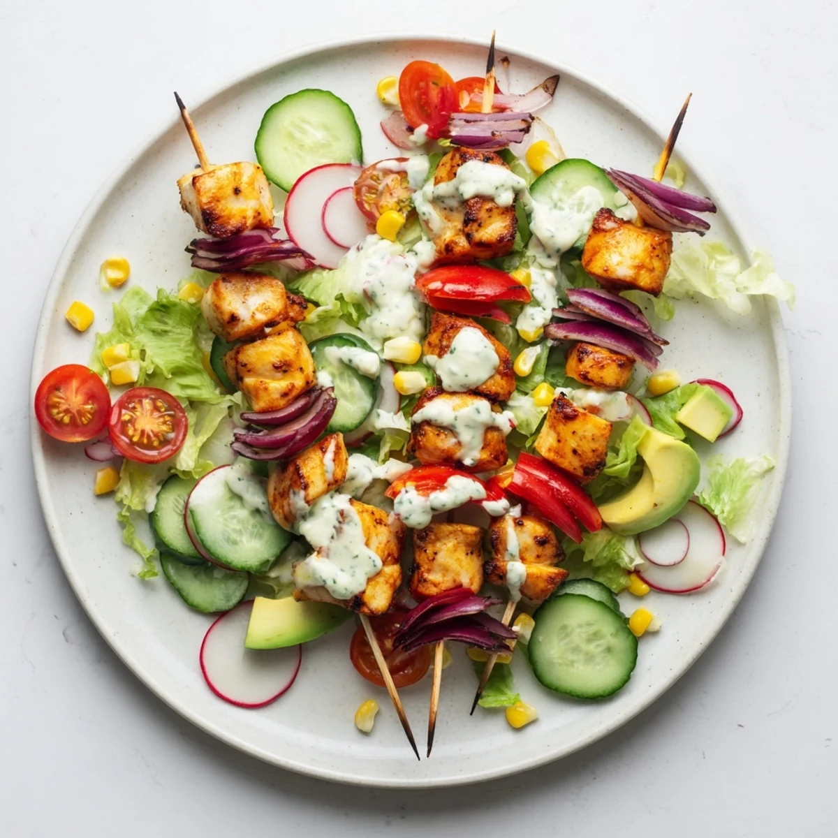 Charred BBQ chicken skewers arranged over fresh salad with tomatoes avocado and cucumber finished with herb ranch dressing