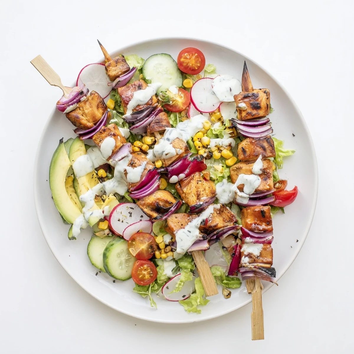Savory BBQ chicken skewers resting on bed of crunchy greens sweet corn and radishes with tangy herby ranch sauce