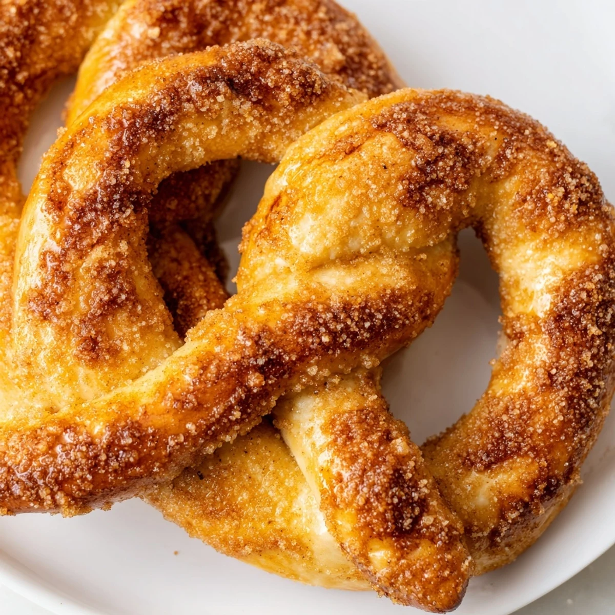 Warm pillowy cinnamon sugar soft pretzels twisted into classic shapes and coated in sugary cinnamon