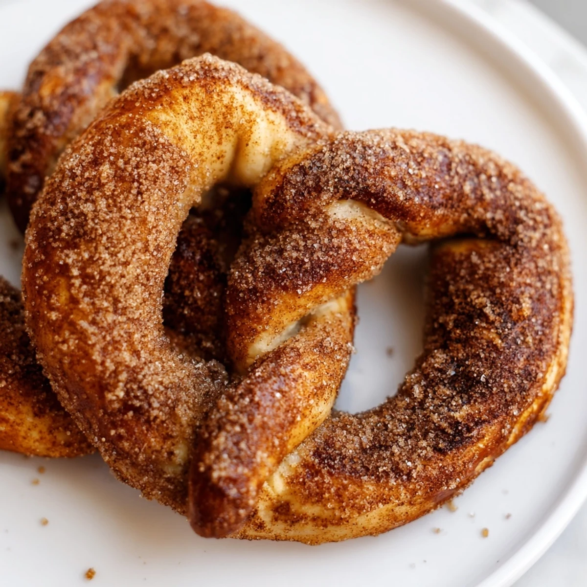 Freshly baked cinnamon sugar soft pretzels glistening with melted butter and aromatic cinnamon sugar crust