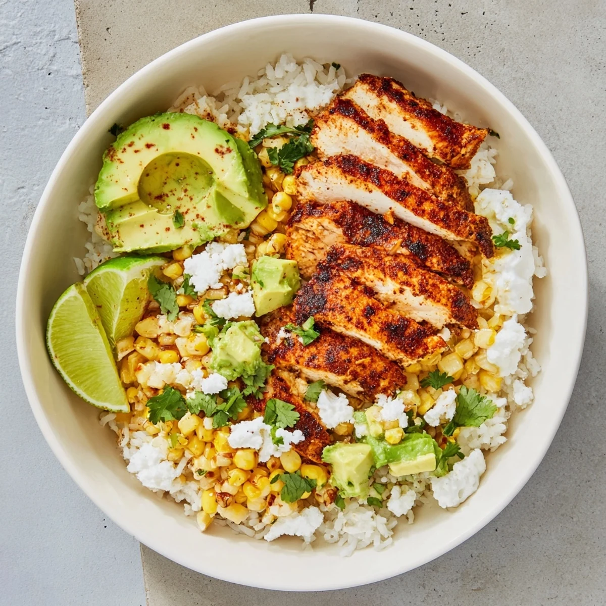 Vibrant Mexican-inspired bowl featuring spiced chicken slices, roasted corn kernels, zesty lime crema, and ripe avocado chunks over seasoned white rice