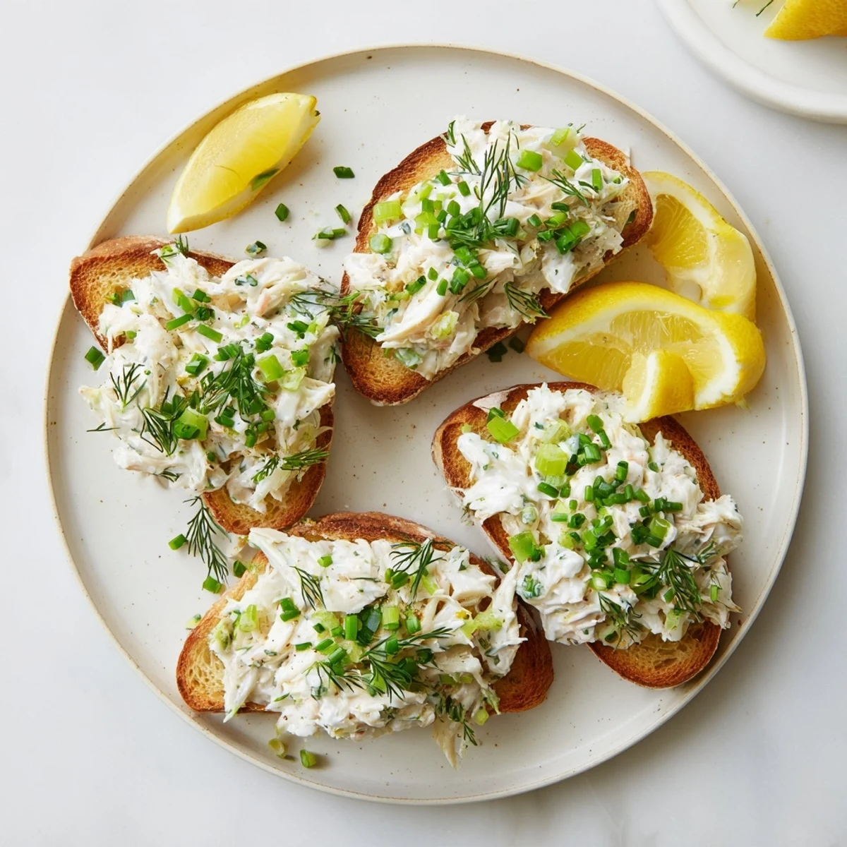 Golden buttered sourdough toast piled high with fresh crab salad and herbs