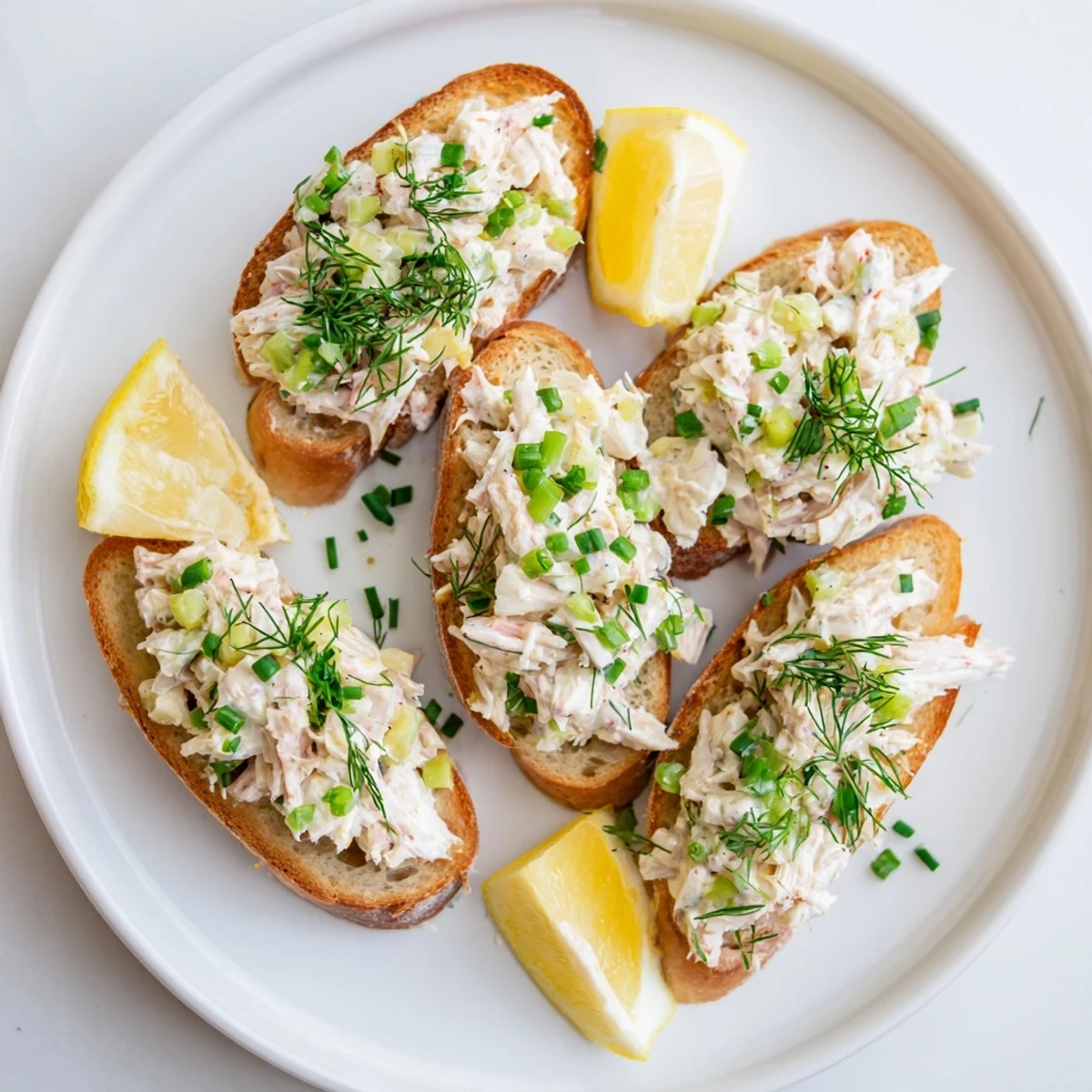 Rustic sourdough slices supporting generous mounds of lump crab appetizer with dill