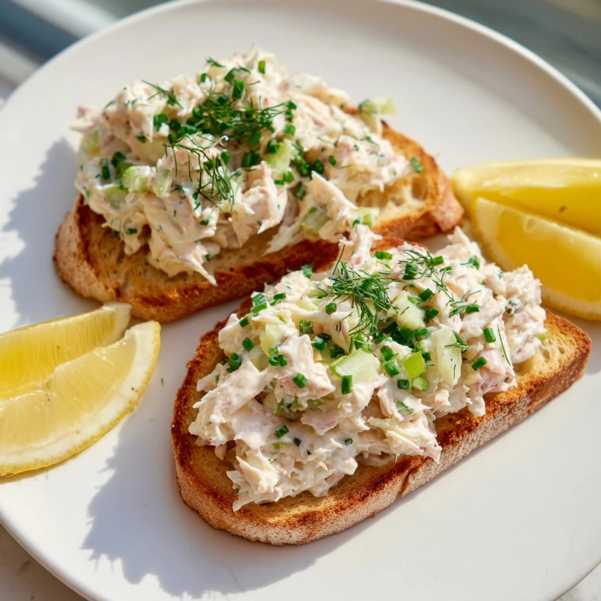 Crispy toast topped with creamy crab mixture garnished with chives and lemon