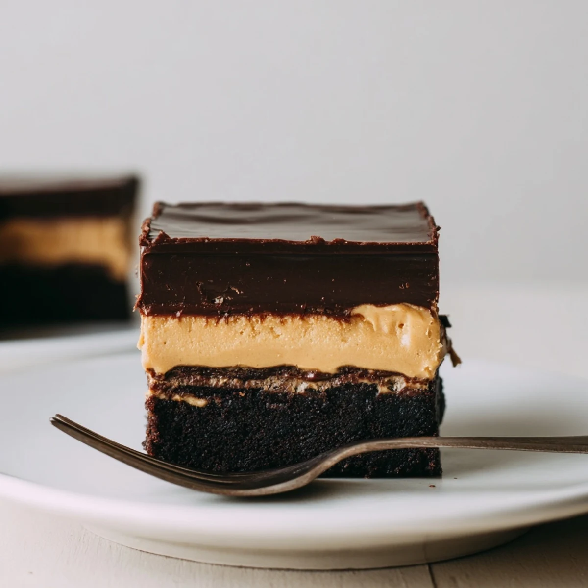 Rich layered peanut butter brownies with creamy peanut butter filling and glossy chocolate ganache topping