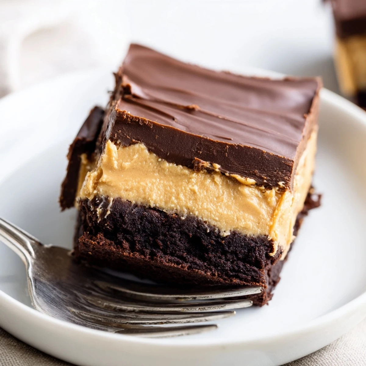Decadent fudgy peanut butter brownies sliced into squares revealing three distinct dessert layers