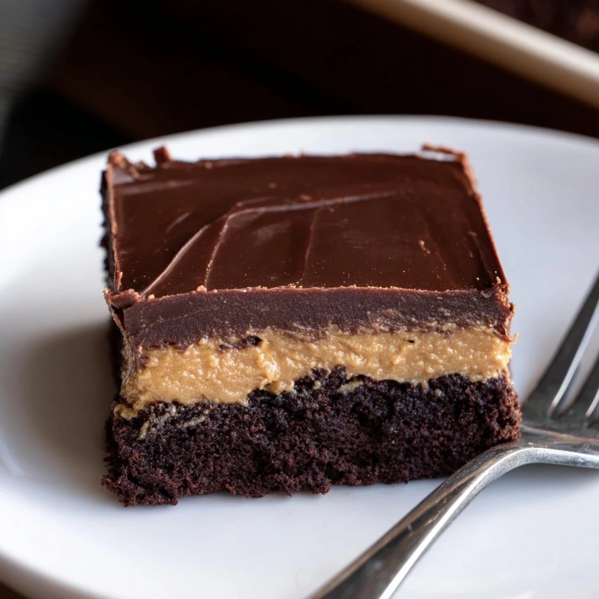 Homemade peanut butter brownies featuring smooth chocolate ganache draped over thick peanut butter frosting