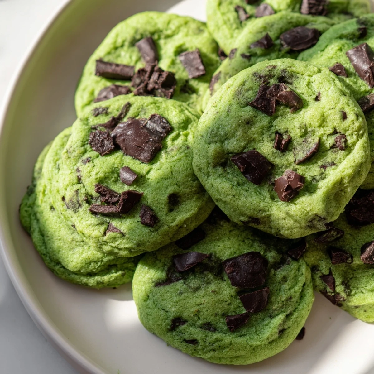 Soft green mint chocolate chip cookies stacked on a white plate with melty chips