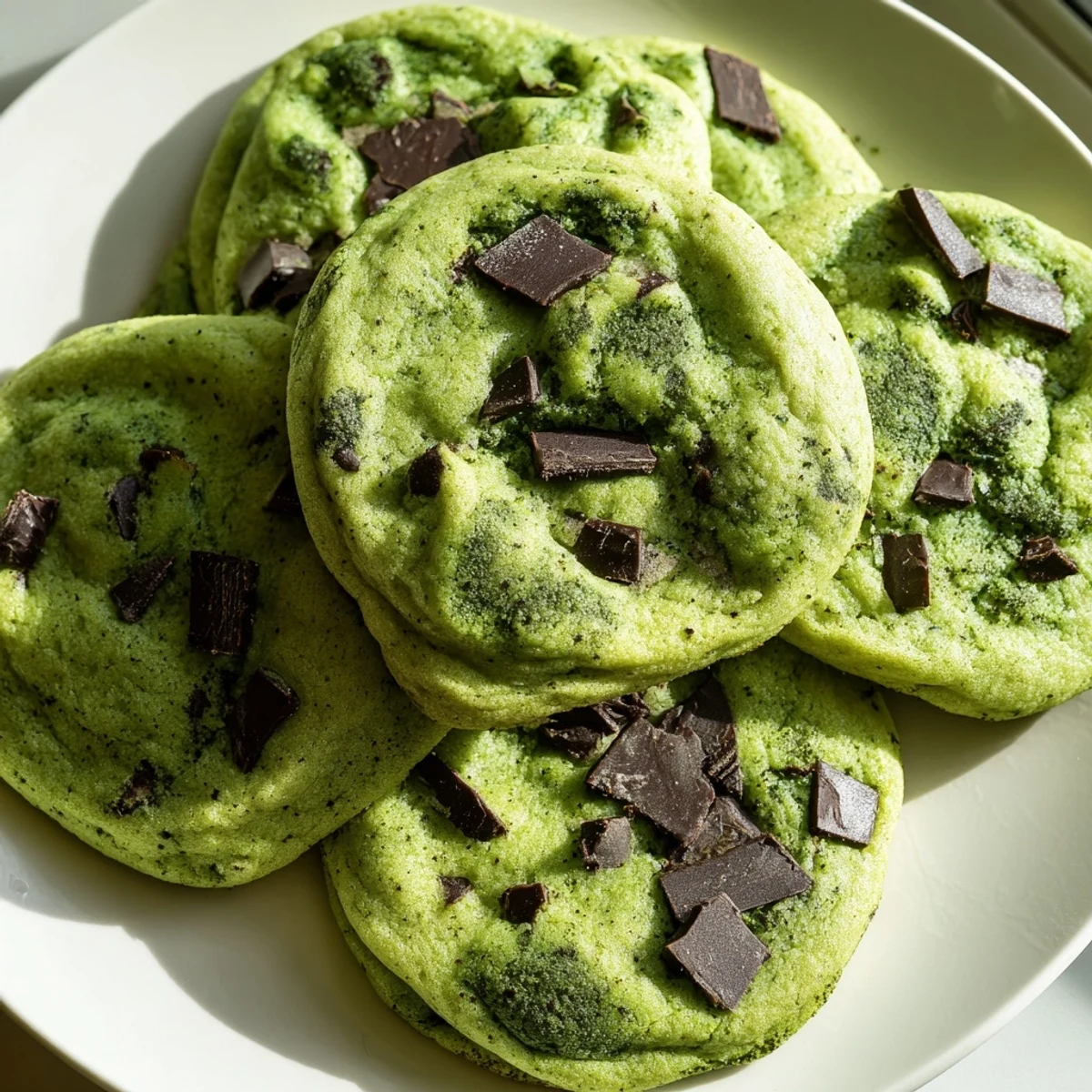 Freshly baked green mint chocolate chip cookies cooling on a wire rack with golden edges