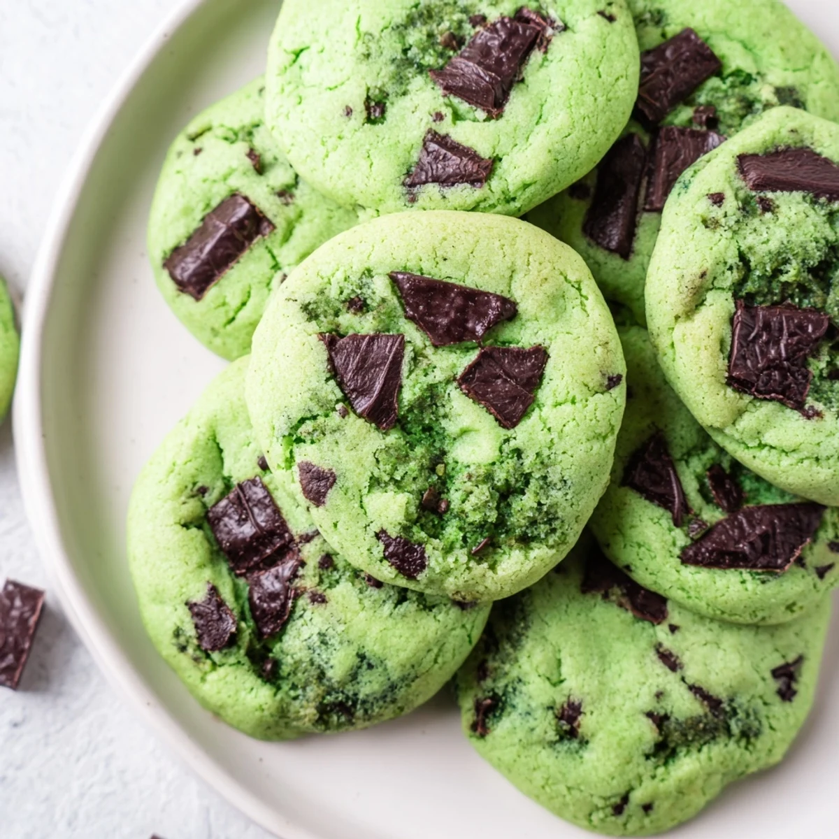 Close up of soft green mint chocolate chip cookies showing chocolate chunks and cracks