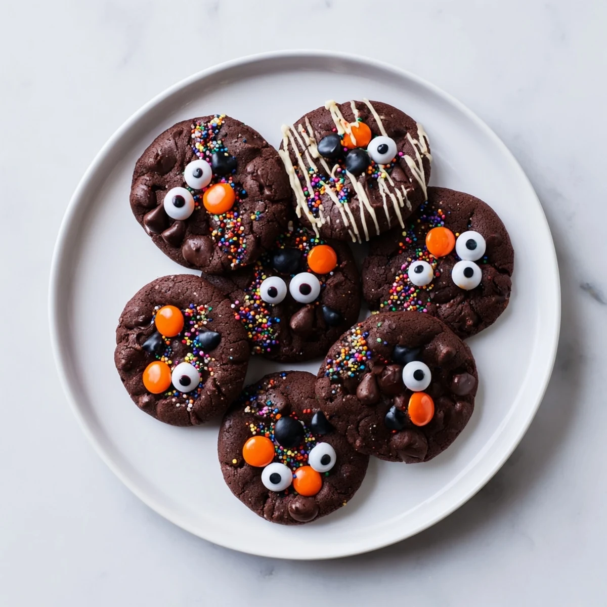 Freshly baked chocolate orange freaky face cookies featuring chocolate chips and playful Halloween-themed facial expressions