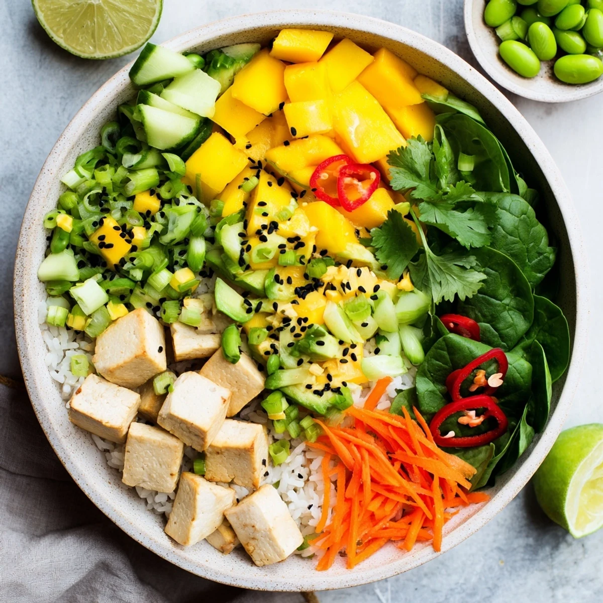 Colorful avocado mango poke salad bowl with marinated tofu, fresh vegetables, and sesame garnish