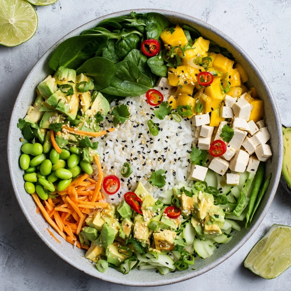 Refreshing avocado mango poke bowl arranged with greens, edamame, cucumber, and cilantro lime topping