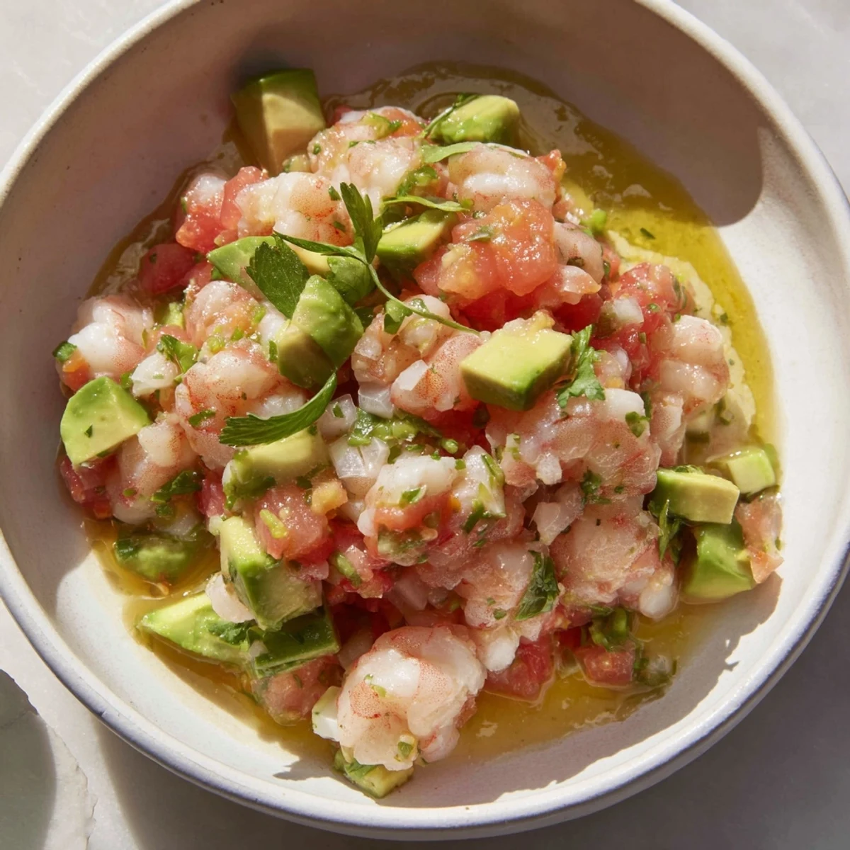 Colorful easy shrimp ceviche appetizer with avocado, cilantro, and crisp vegetables on white plate