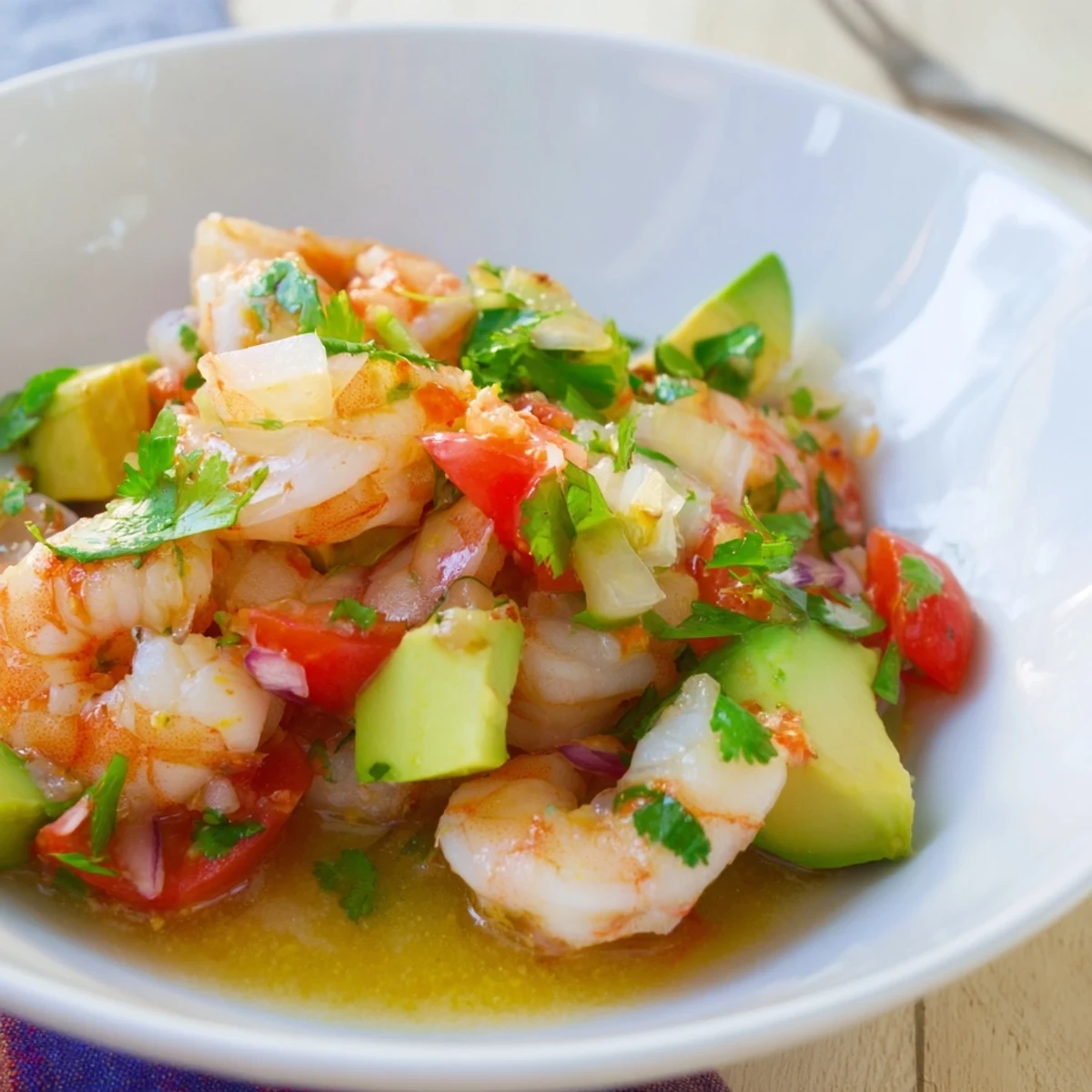 Chilled easy shrimp ceviche served in glass bowl with tortilla chips for summer entertaining