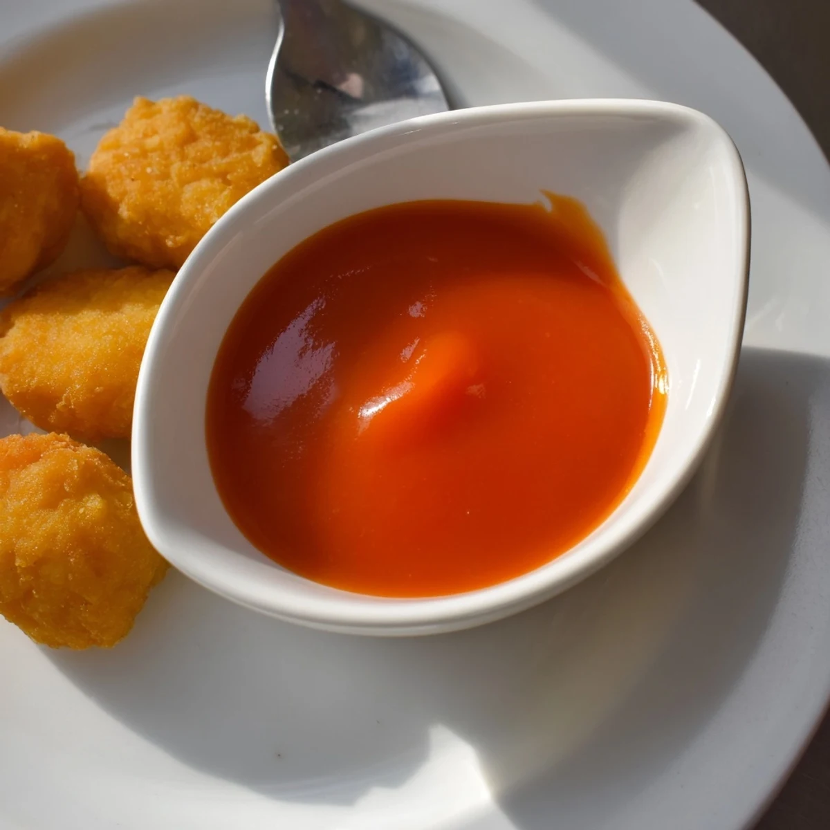 Thick glossy McDonalds sweet and sour sauce brushed over crispy chicken nuggets for dipping