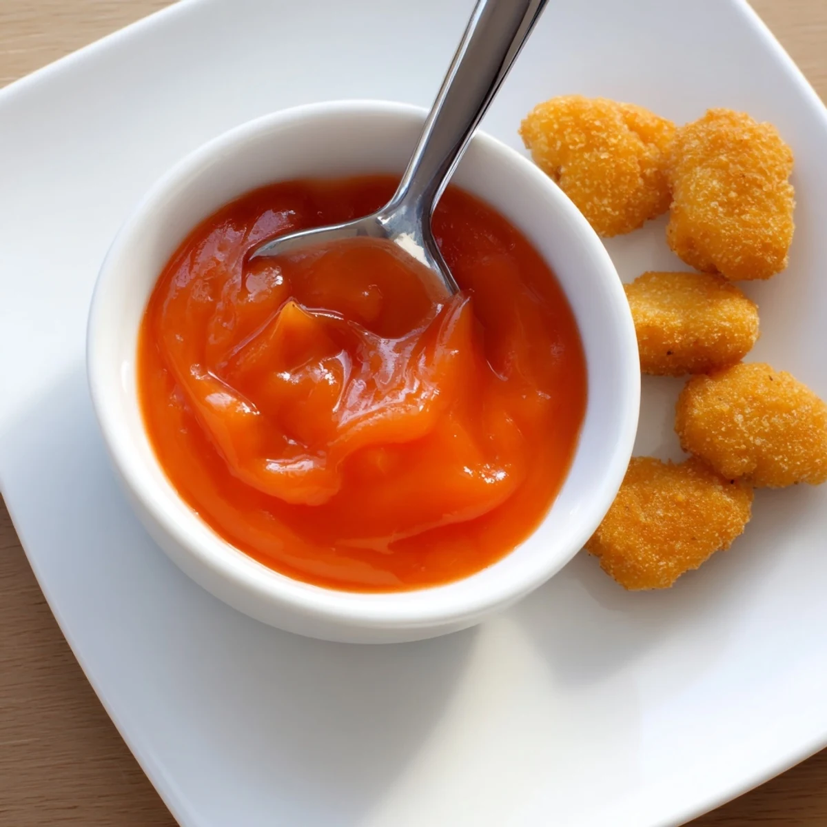 Homemade McDonalds sweet and sour sauce drizzled across white plate with vibrant apricot color