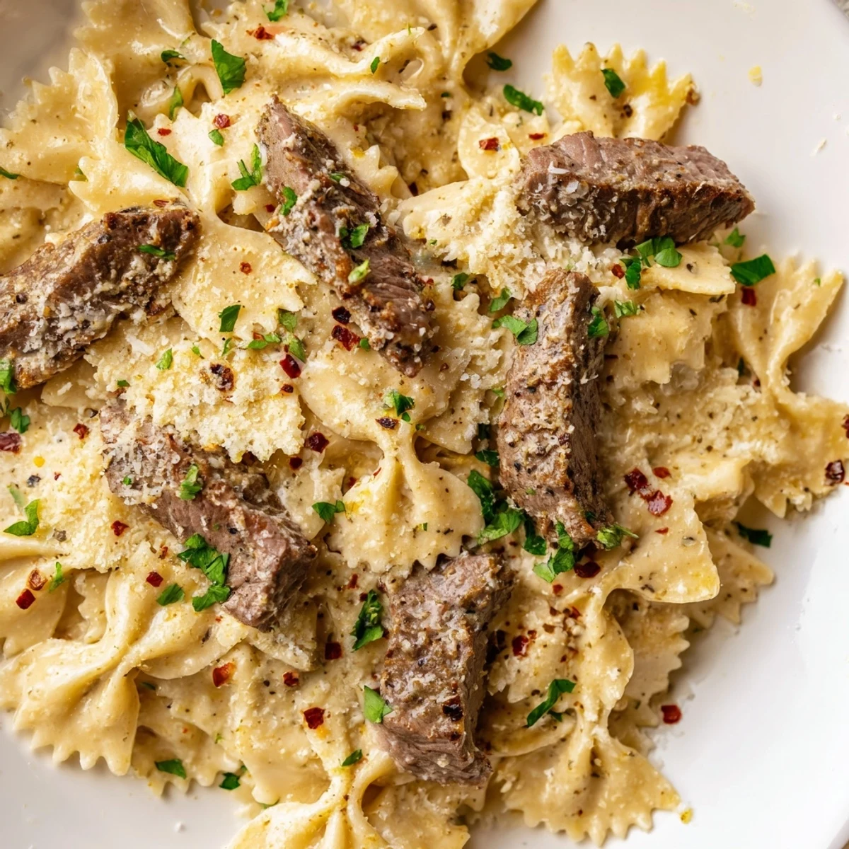 Tender farfalle pasta tossed in spicy cream cheese sauce with Cajun-rubbed beef strips