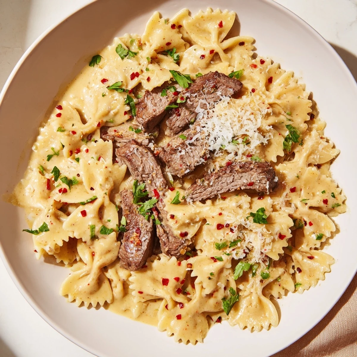 Golden spiced beef resting atop zesty Cajun cream cheese Alfredo pasta with bowties