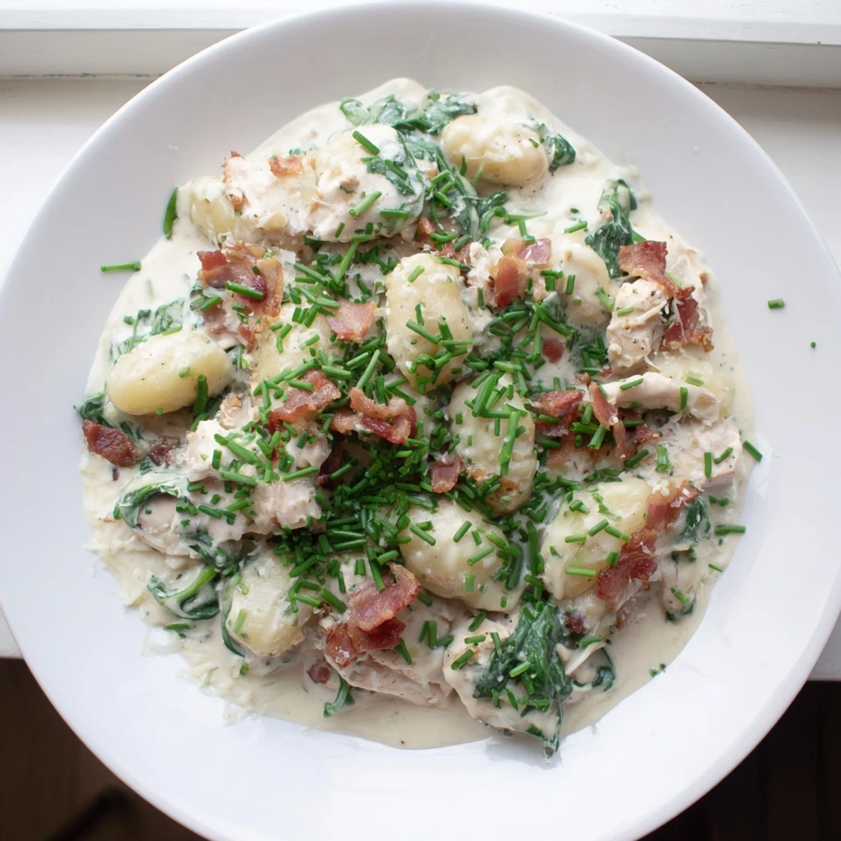Creamy crack chicken gnocchi loaded with crispy bacon and wilted spinach in a rich cheese sauce