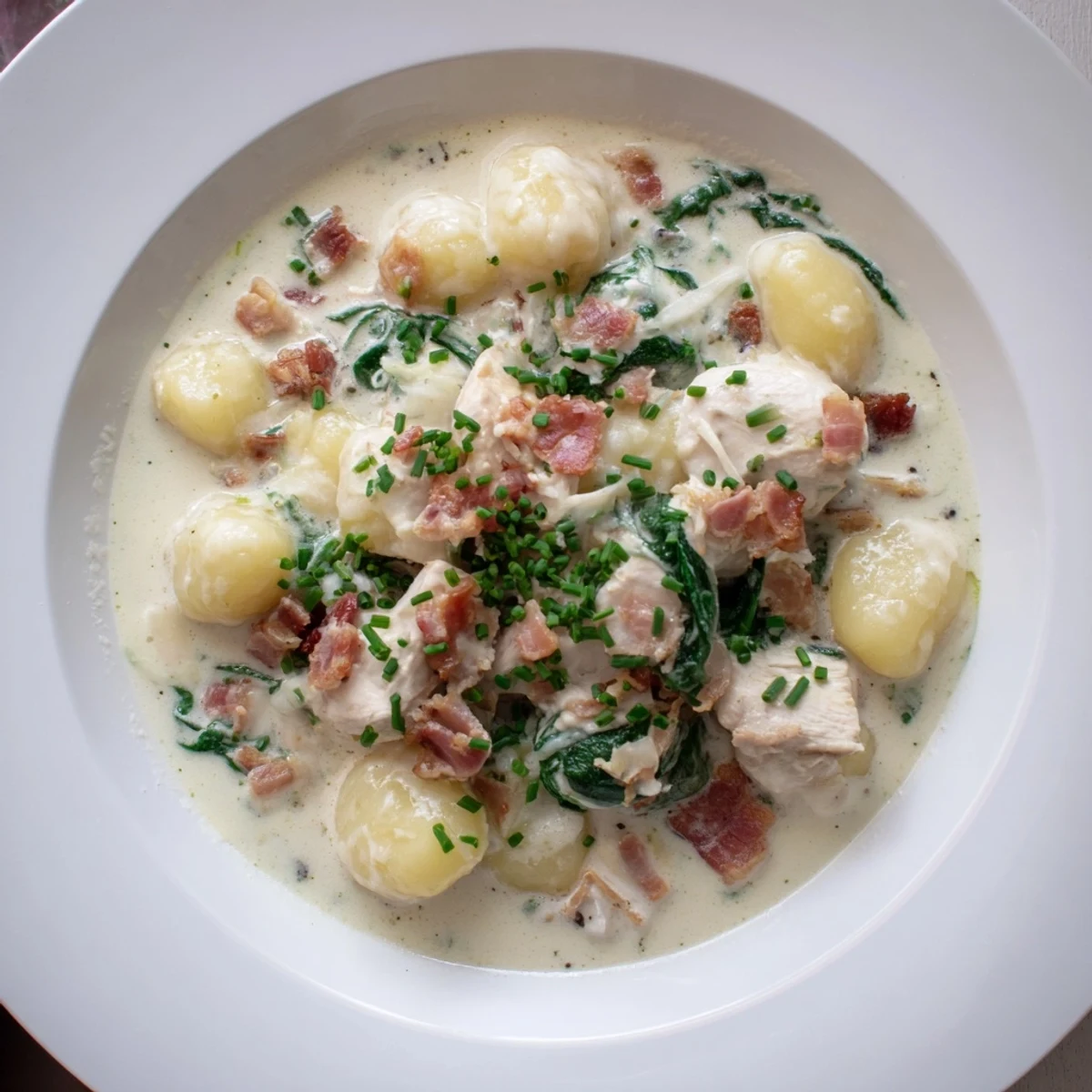 Golden potato gnocchi simmered with seasoned chicken and melted mozzarella in a velvety white sauce