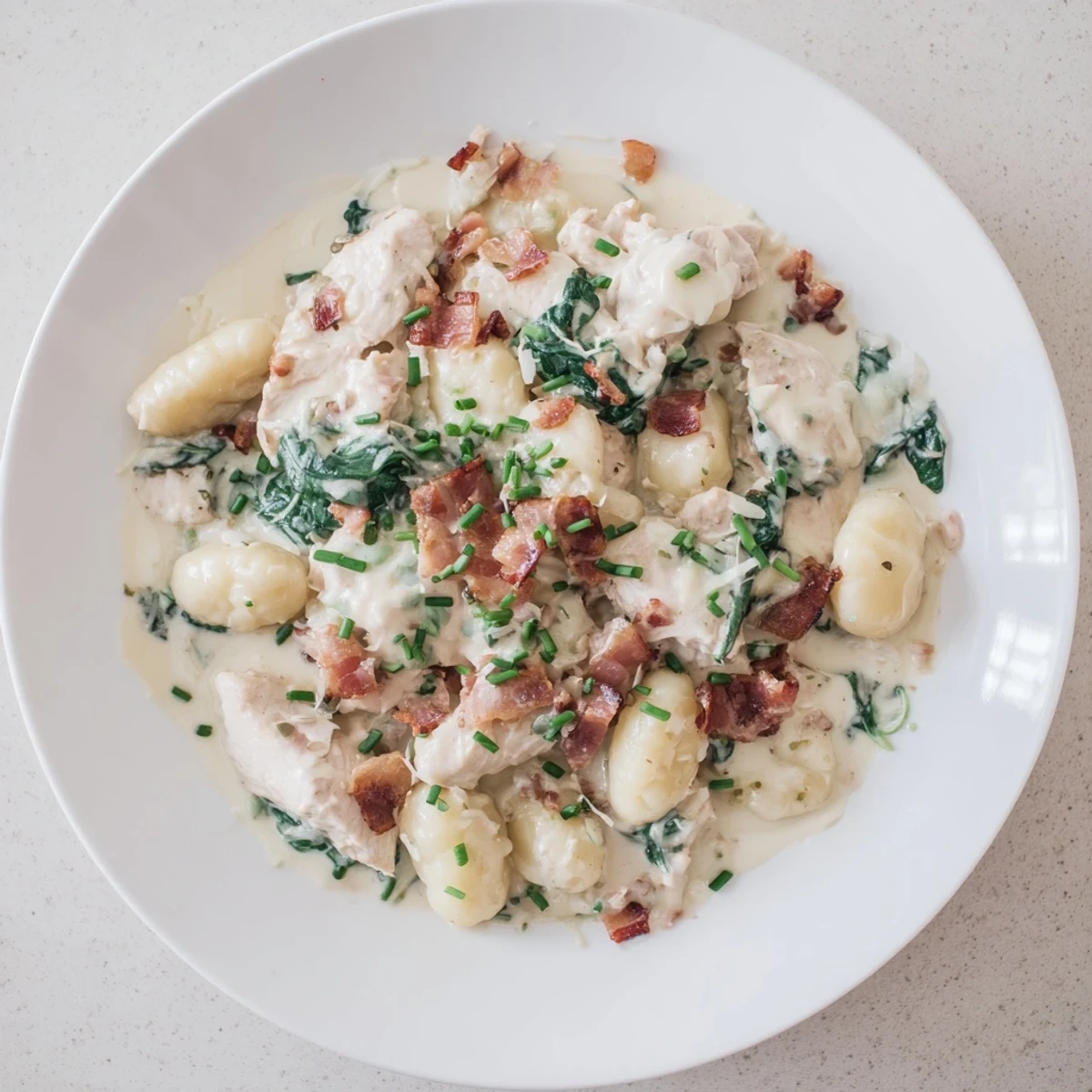 Comforting one-pan chicken gnocchi tossed with ranch spices, bacon bits, and parmesan cream sauce