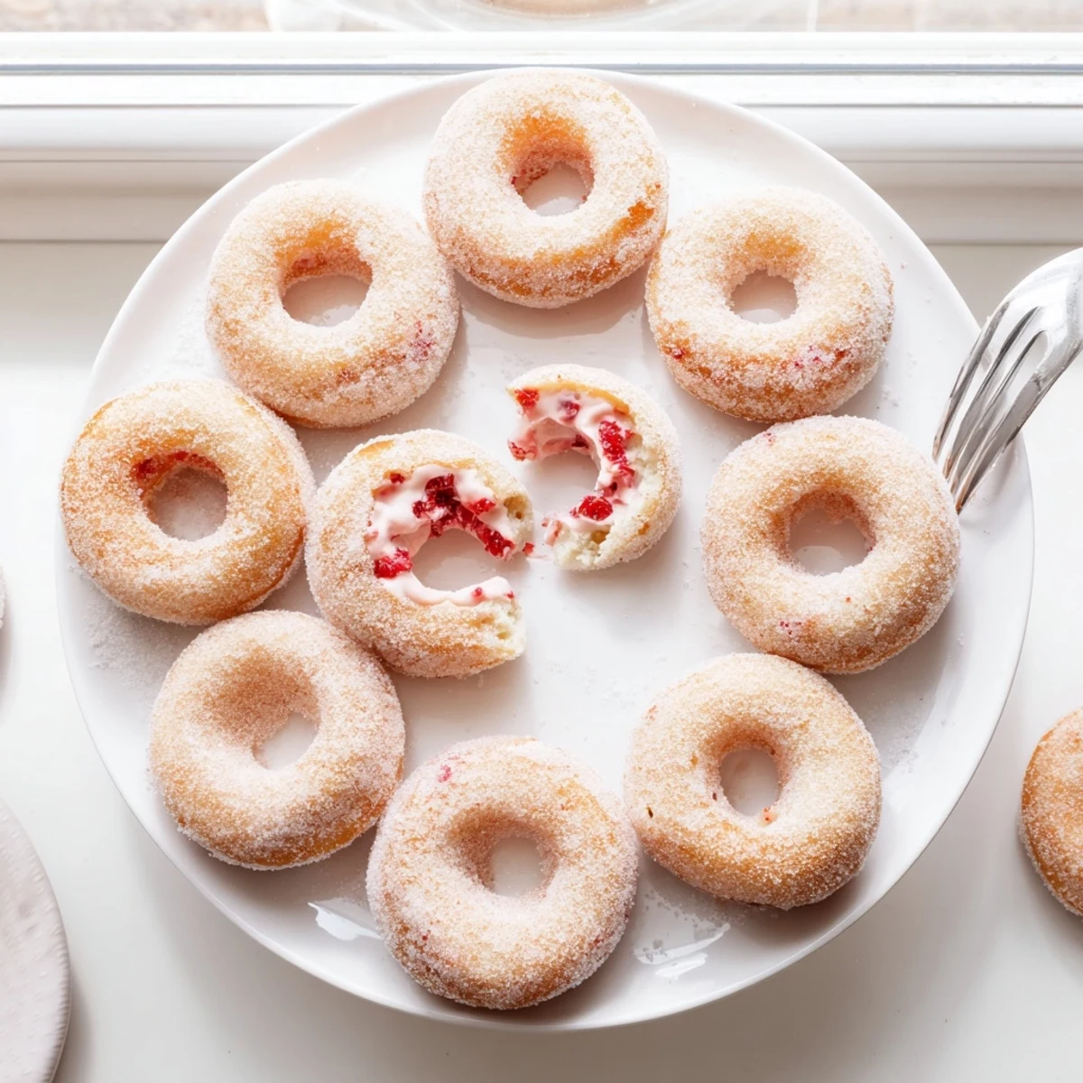 Fluffy fried doughnuts split open revealing vibrant pink strawberry cream filling oozing from the center