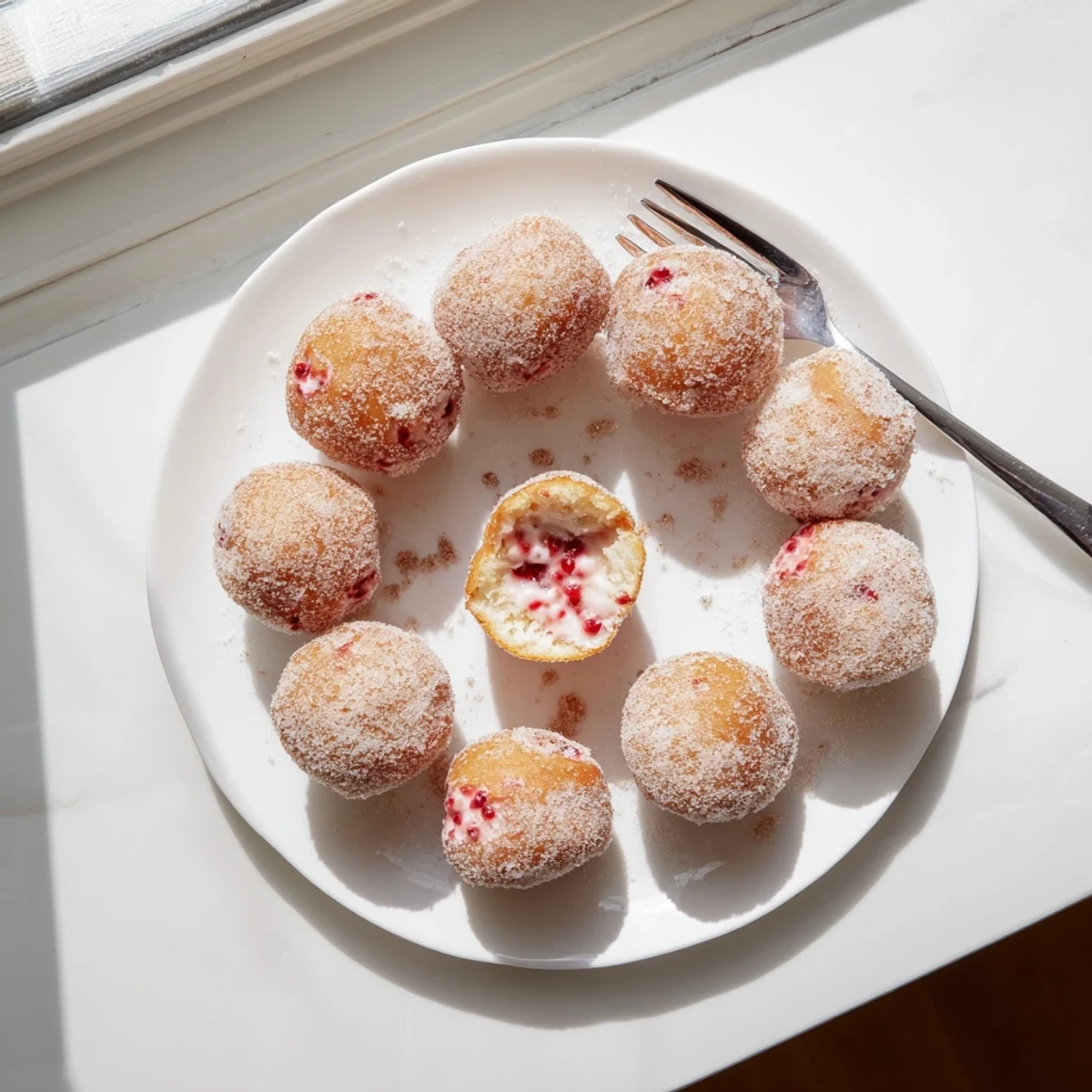 Golden brown strawberry cream filled doughnuts dusted with sparkling white sugar on a white plate
