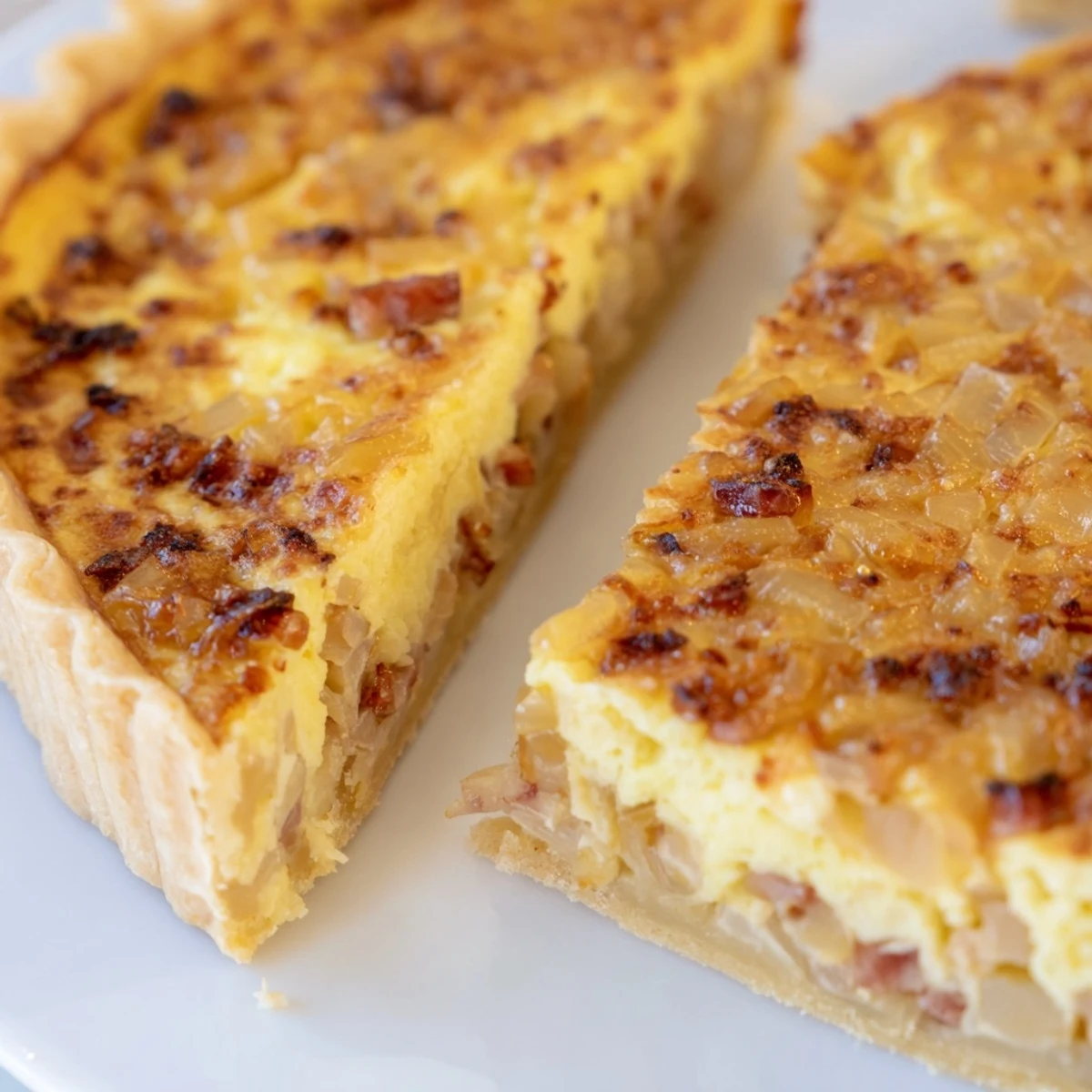 Savory German onion pie tart filled with sweet caramelized onions baked in golden custard with melted cheese