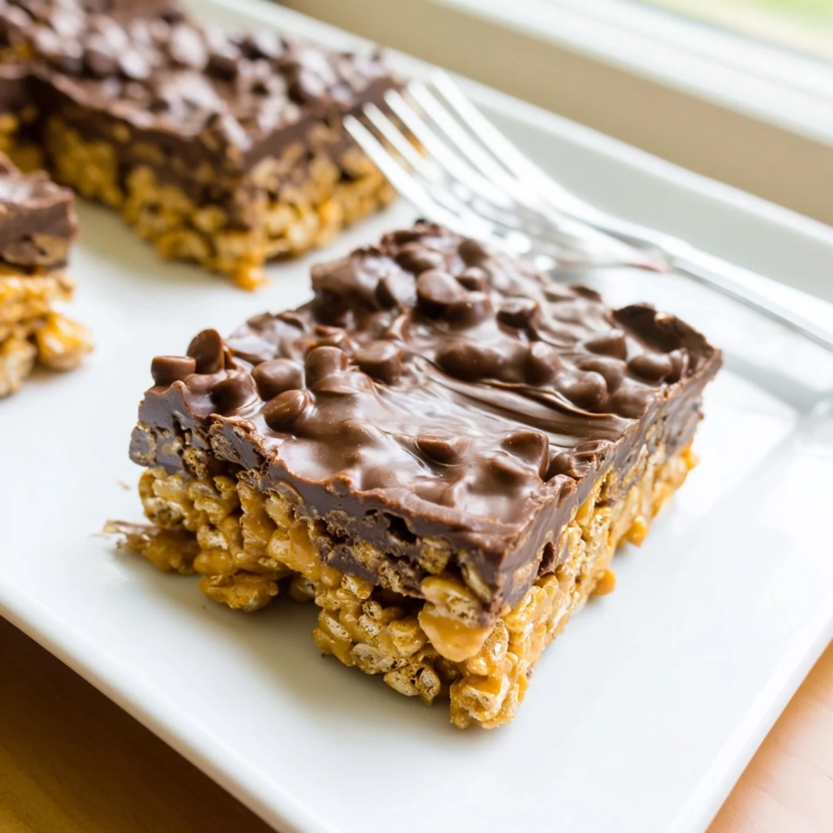 Golden no-bake gluten-free honey Chex chocolate peanut butter bars sliced into squares on a white plate