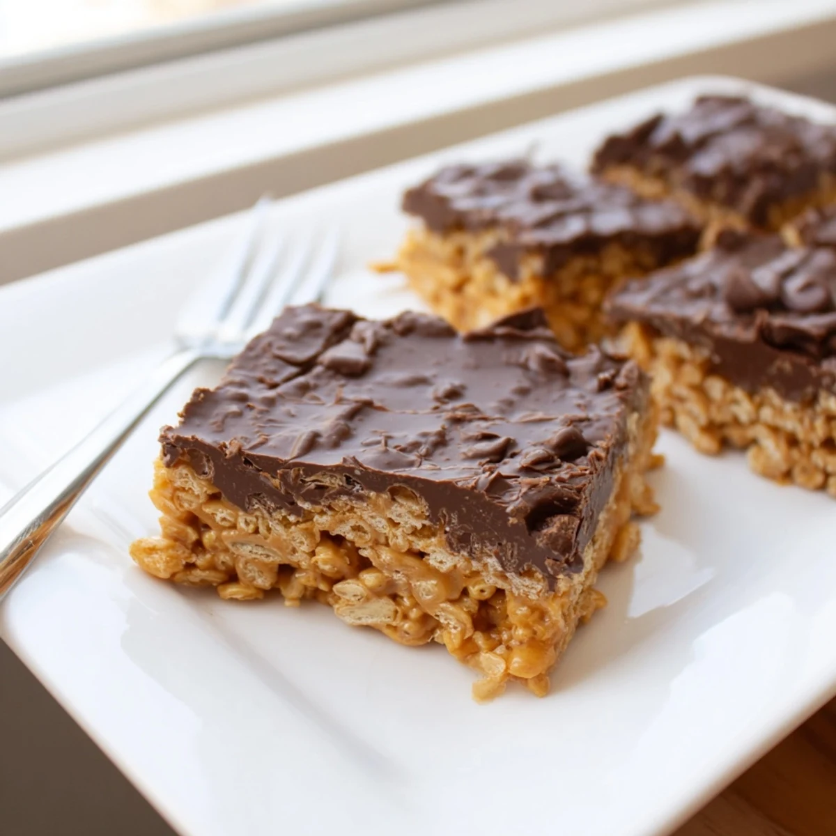 Rich chocolate layer drizzled over crunchy honey Chex cereal bars cut into neat rectangular pieces