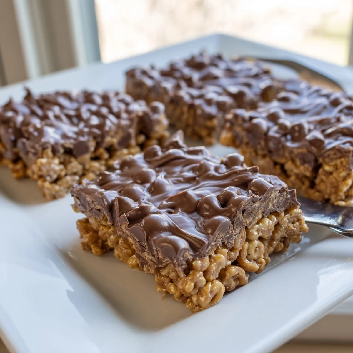 Gooey chocolate topped gluten-free honey Chex peanut butter bars arranged on a wooden cutting board for serving