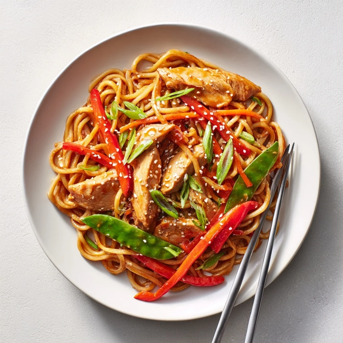 Steamy bowl of sticky garlic chicken noodles with tender slices and crisp colorful vegetables